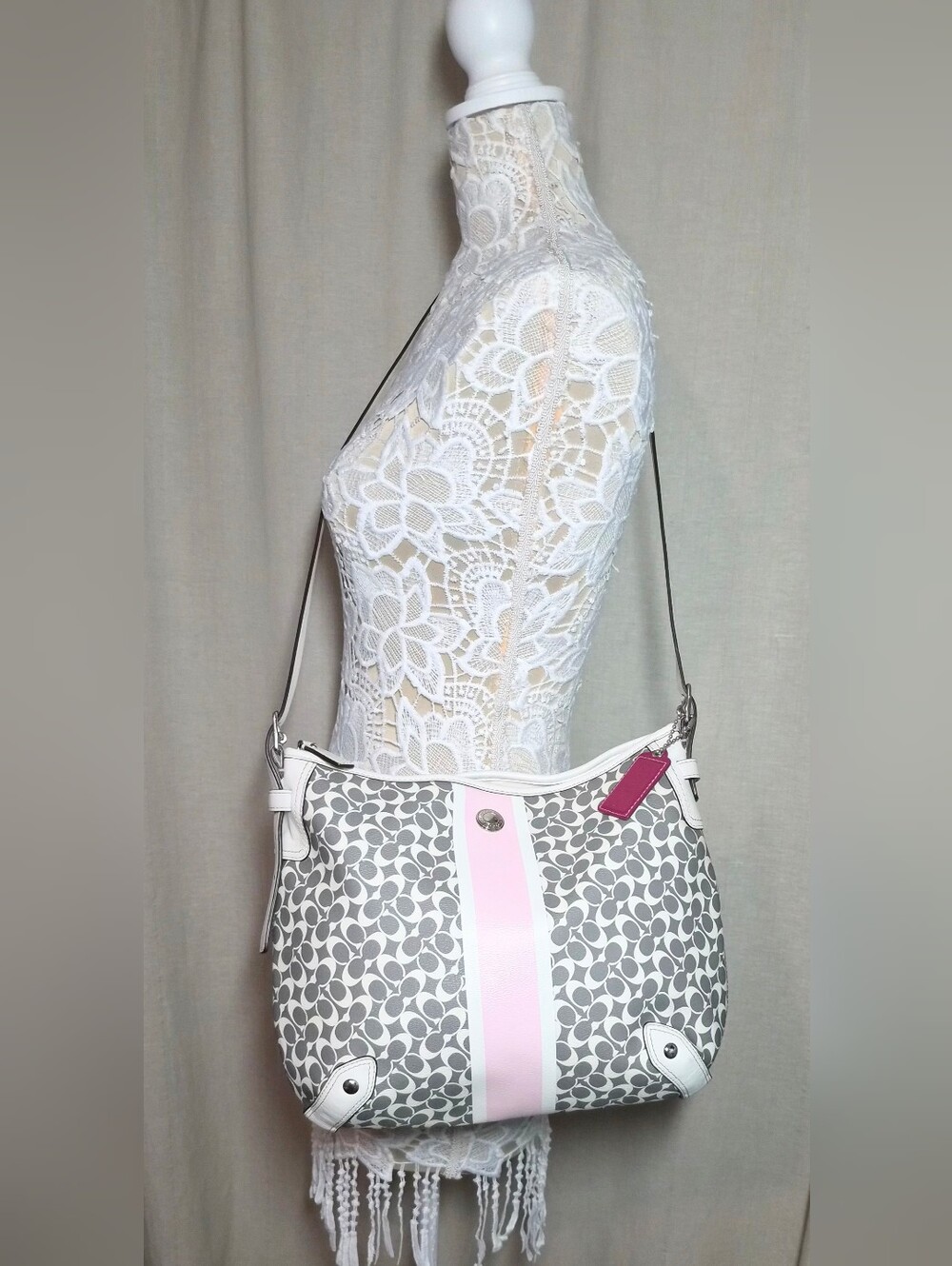Coach Heritage Signature Stripe Chelsea Hobo Bag Grey Pink White